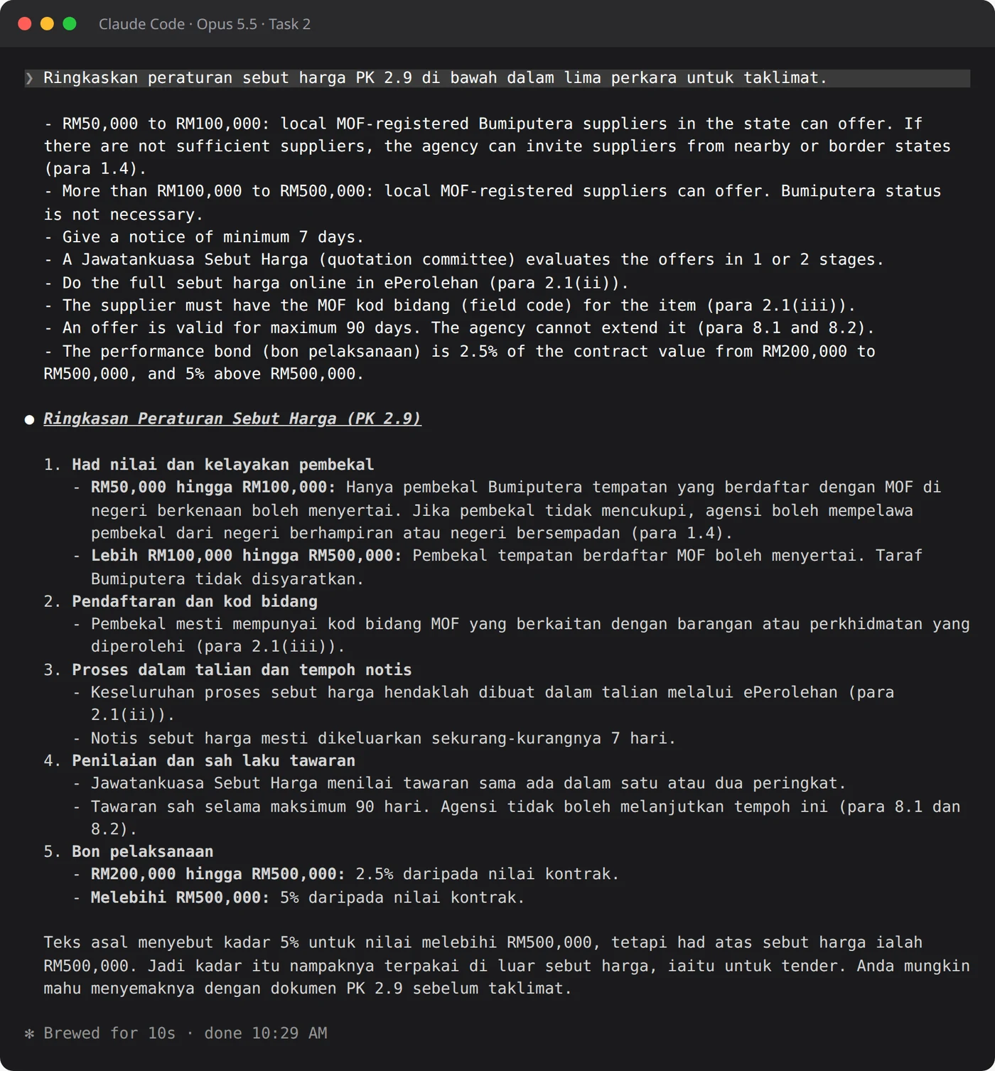 Claude Code terminal with the Task 2 prompt and Claude's answer in Malay