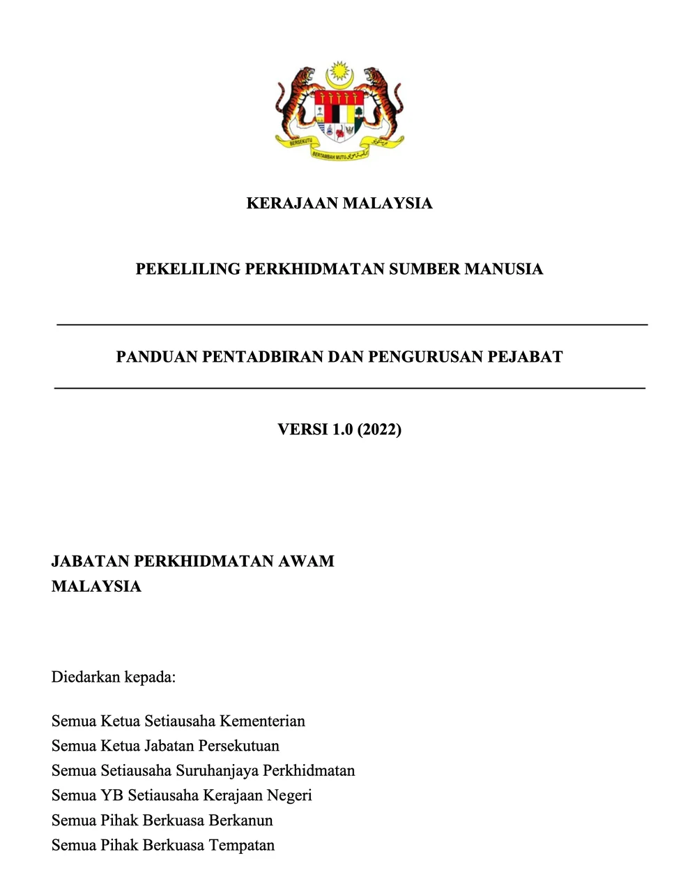Cover of the JPA Pekeliling Perkhidmatan Sumber Manusia: Panduan Pentadbiran dan Pengurusan Pejabat, Versi 1.0 (2022)