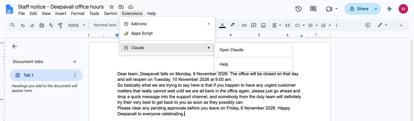 A Google Doc with the Extensions menu open, showing Claude and its submenu with Open Claude and Help