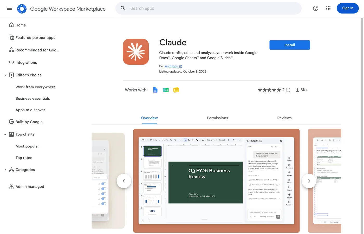 Google Workspace Marketplace listing for Claude by Anthropic, with the Install button and the Docs, Sheets and Slides icons