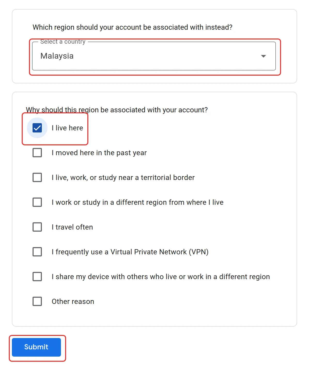 Google region form with Malaysia selected, I live here ticked and the Submit button