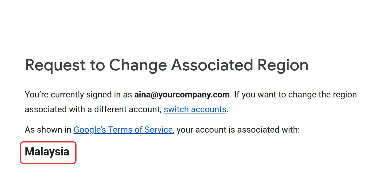 Google region page that shows Malaysia as the region of the account