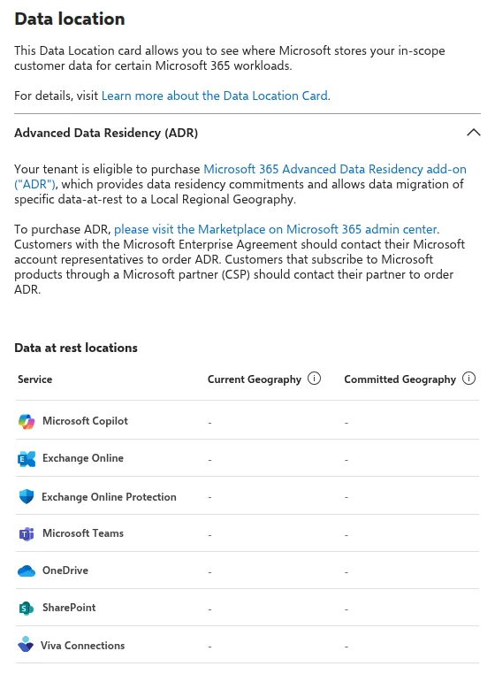 Data location panel in the Microsoft 365 admin centre, saying the tenant is eligible to purchase the Microsoft 365 Advanced Data Residency add-on, that CSP customers should contact their partner to order it, and a Data at rest locations table listing Microsoft Copilot, Exchange Online, Microsoft Teams, OneDrive and SharePoint