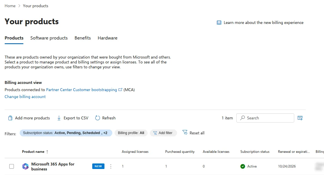 Microsoft 365 admin centre Your products page listing one product, Microsoft 365 Apps for business, with 1 assigned licence and an Active status