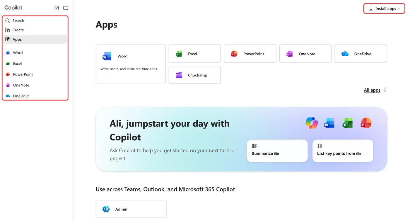 Microsoft Copilot web app Apps page, with Search, Create, Apps and the pinned Word, Excel, PowerPoint, OneNote and OneDrive highlighted on the left, and the Install apps button highlighted at the top right