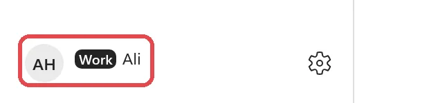 Bottom left corner of the Microsoft Copilot web app, showing the initials AH, a black Work label and the first name Ali