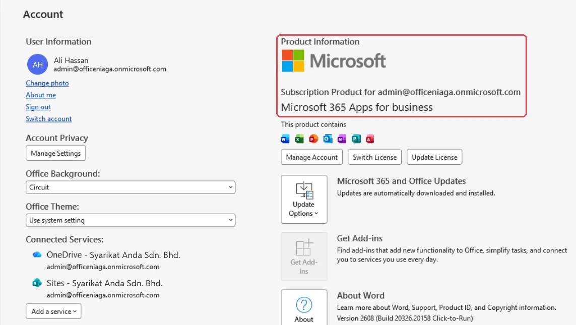 Word File > Account page with Product Information highlighted, showing Subscription Product and Microsoft 365 Apps for business, and the user's name and work email under User Information