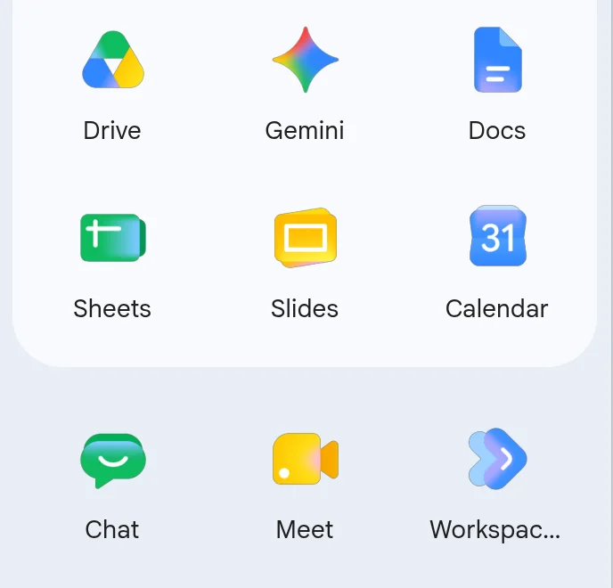 Google apps menu from a Google Workspace account, showing Drive, Gemini, Docs, Sheets, Slides, Calendar, Chat, Meet and one more Workspace app