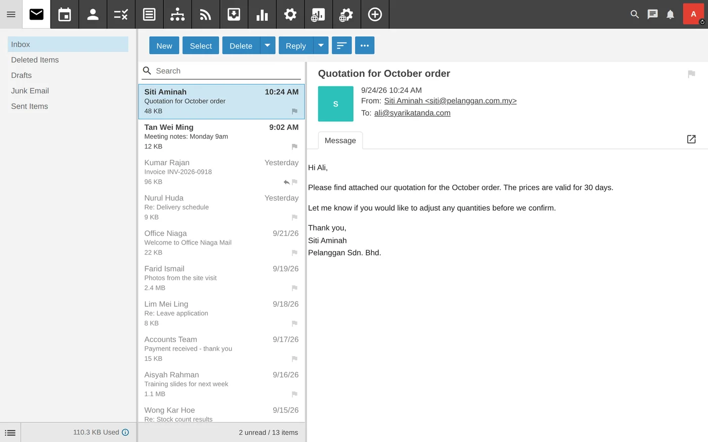 Office Niaga Mail webmail with the folder list, a sample inbox and an open quotation email, and icons for mail, calendar, contacts and tasks along the top
