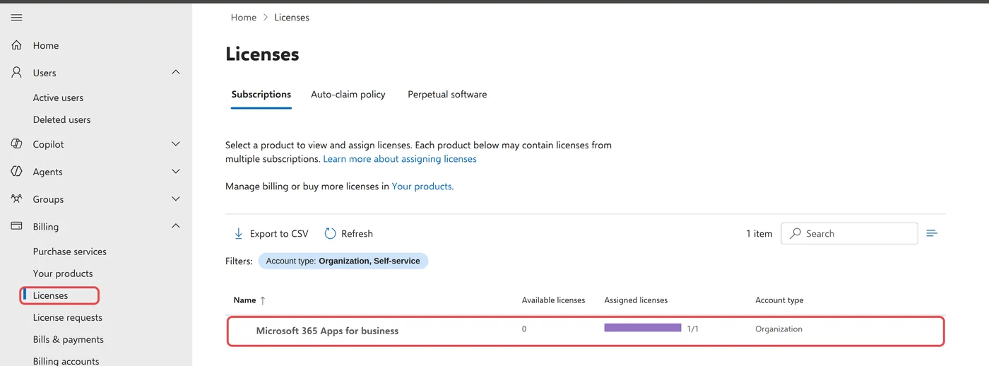 Microsoft 365 admin centre Licenses page under Billing, listing one product, Microsoft 365 Apps for business, with 0 available and 1 of 1 assigned licences