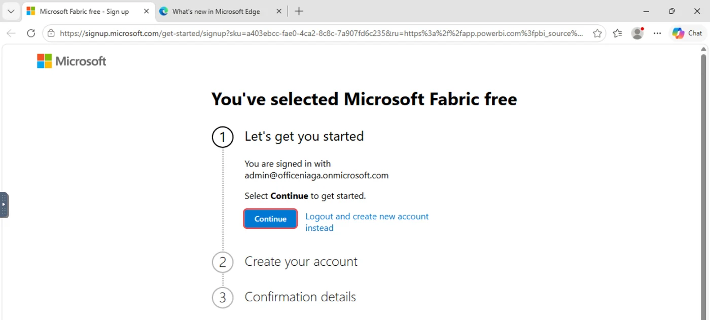 Microsoft sign-up page titled You've selected Microsoft Fabric free, showing the signed-in work account and a highlighted Continue button