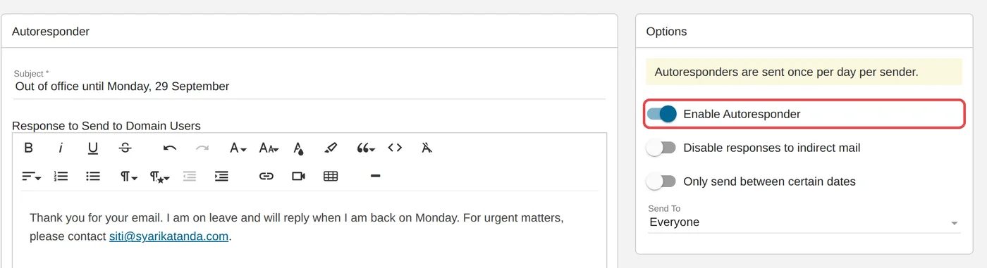 SmarterMail autoresponder settings with an out-of-office subject and message, and the Enable Autoresponder switch highlighted