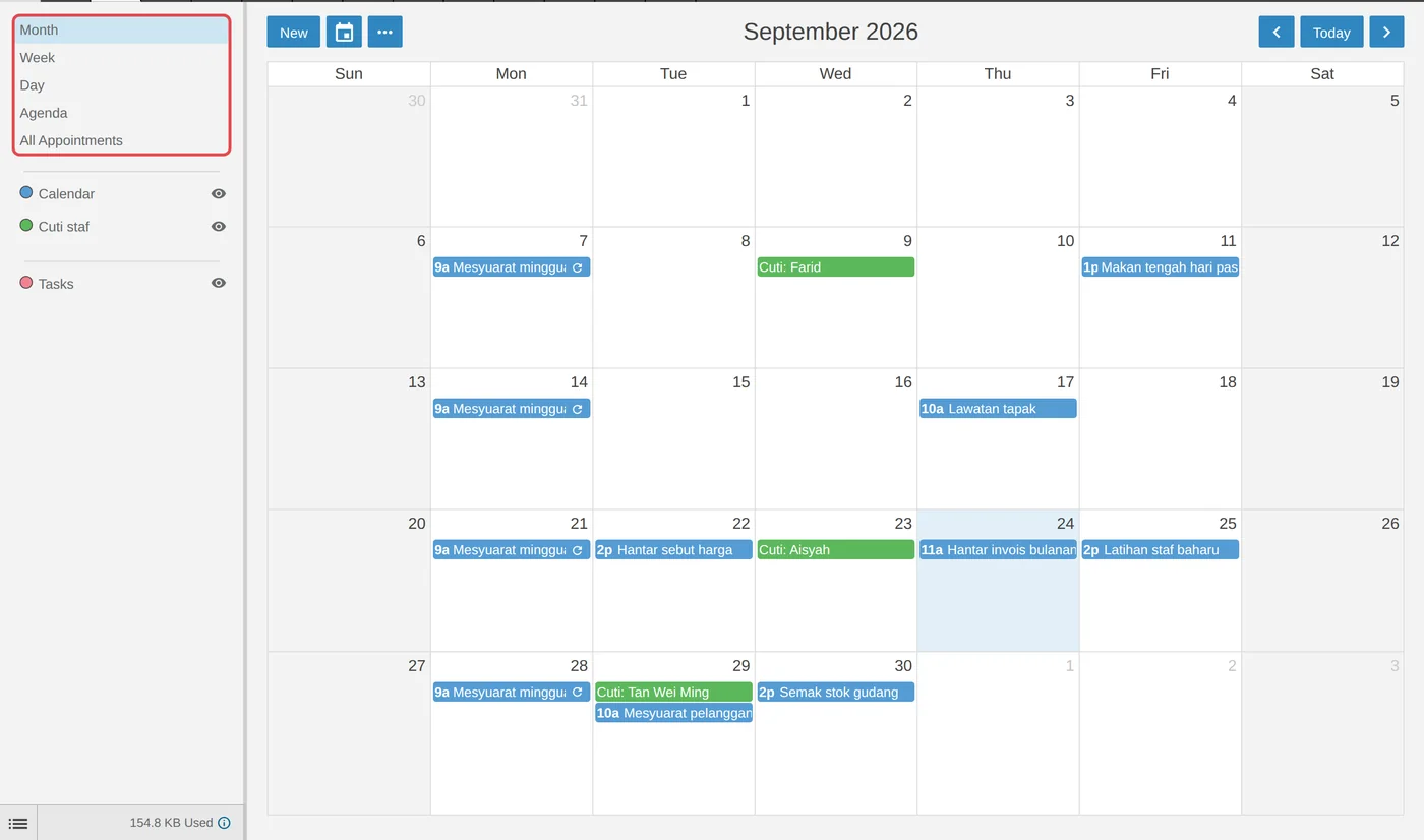 SmarterMail webmail calendar in Month view for September 2026, with sample team events and the Month, Week, Day, Agenda and All Appointments views highlighted on the left