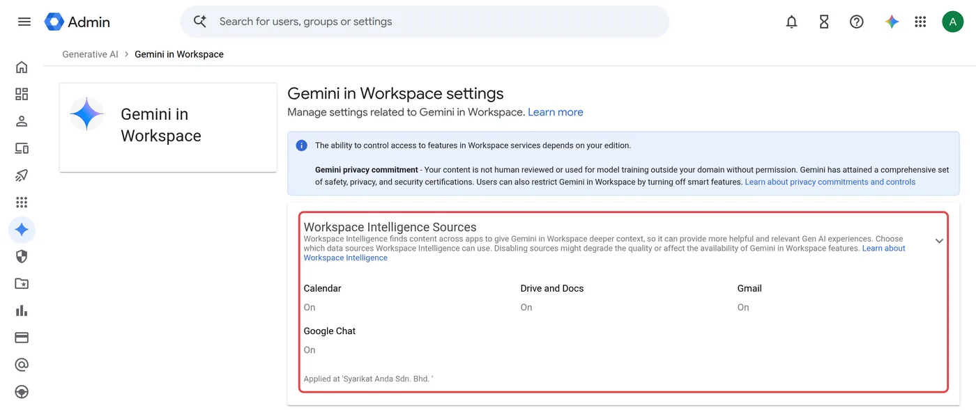 Google Admin console, Gemini in Workspace settings, with Workspace Intelligence Sources for Calendar, Drive and Docs, Gmail and Google Chat