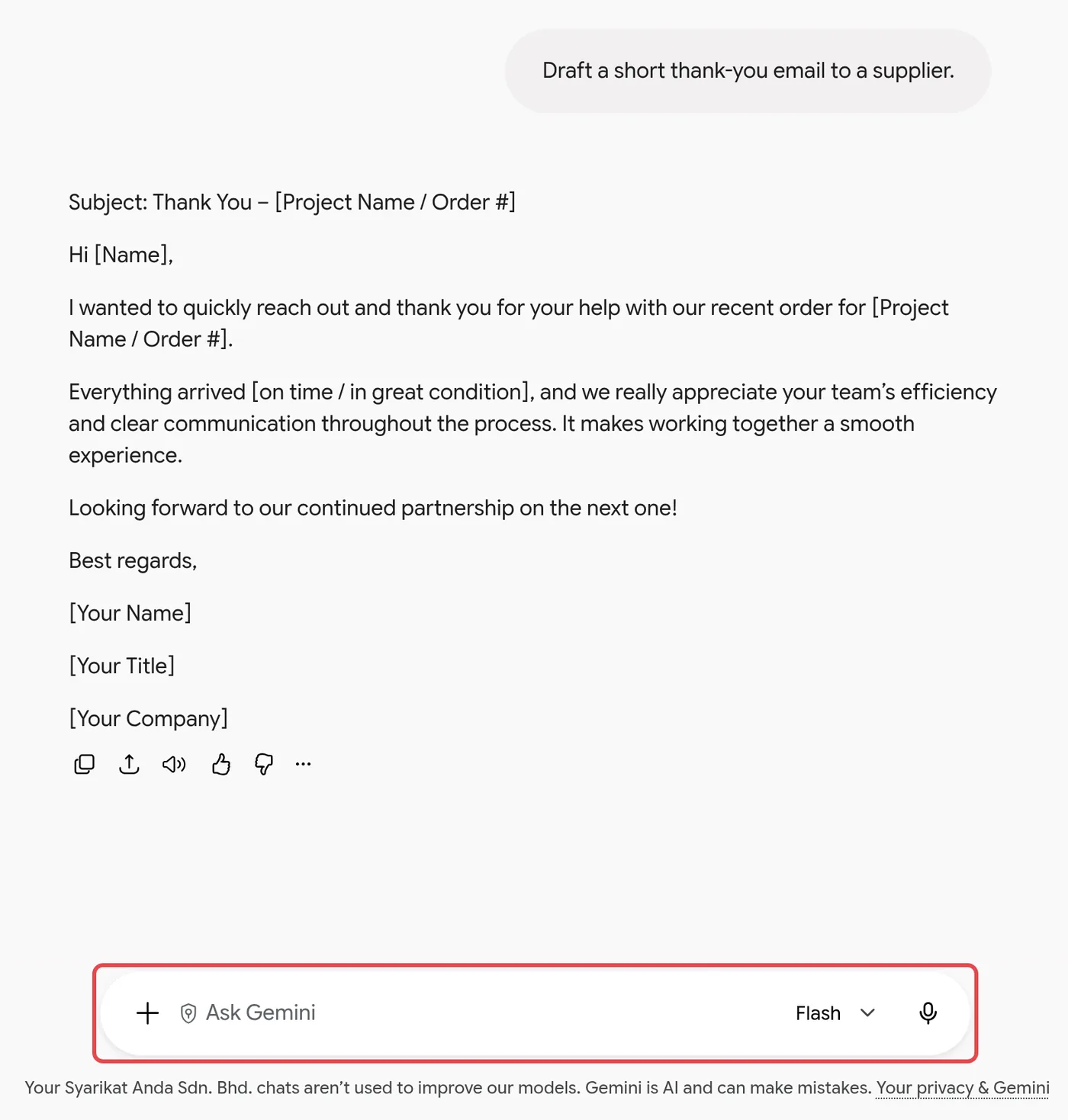 The Gemini app signed in with a work account, with a drafted supplier email and a footer saying the company's chats are not used to improve Google's models