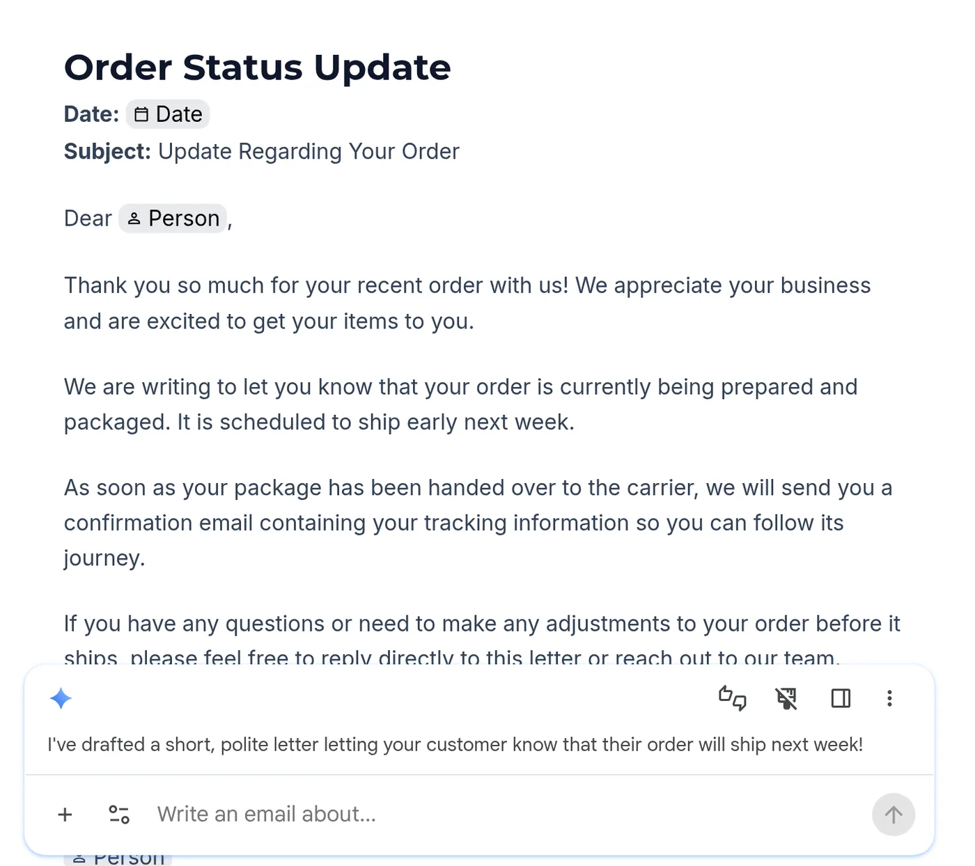 Google Docs with an order status letter drafted by Gemini, and the Gemini bar at the bottom of the page