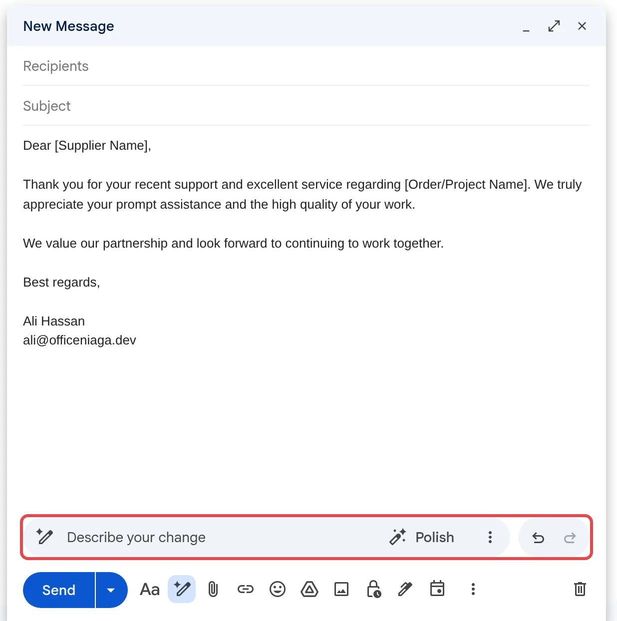 Gmail New Message window with a supplier thank-you email drafted by Help me write, and the Describe your change bar below it