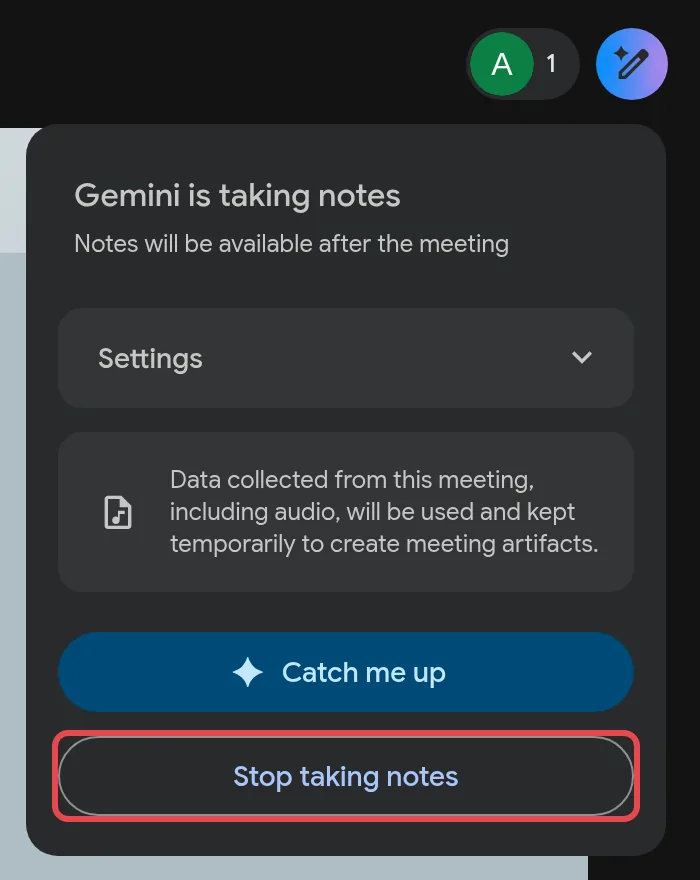 Google Meet panel saying Gemini is taking notes, with the Stop taking notes button
