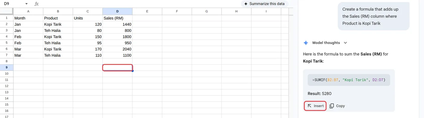 Google Sheets sales table with the Gemini side panel suggesting a SUMIF formula for Kopi Tarik sales, with an Insert button